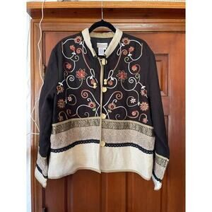 Coldwater Creek embroidered black lace burlap and floral coat jacket Large